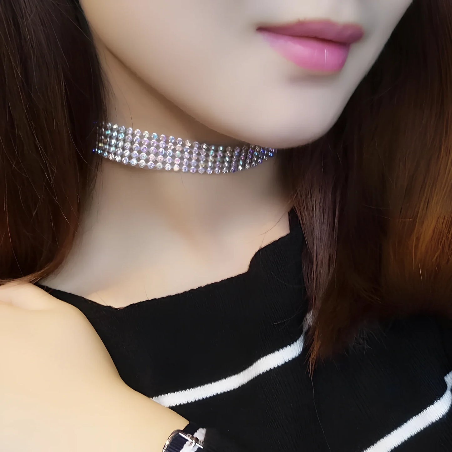 Women's full crystal rhinestone choker necklace, 29cm length with 10cm extension, multicolor or white options in 1-2.5cm widths
