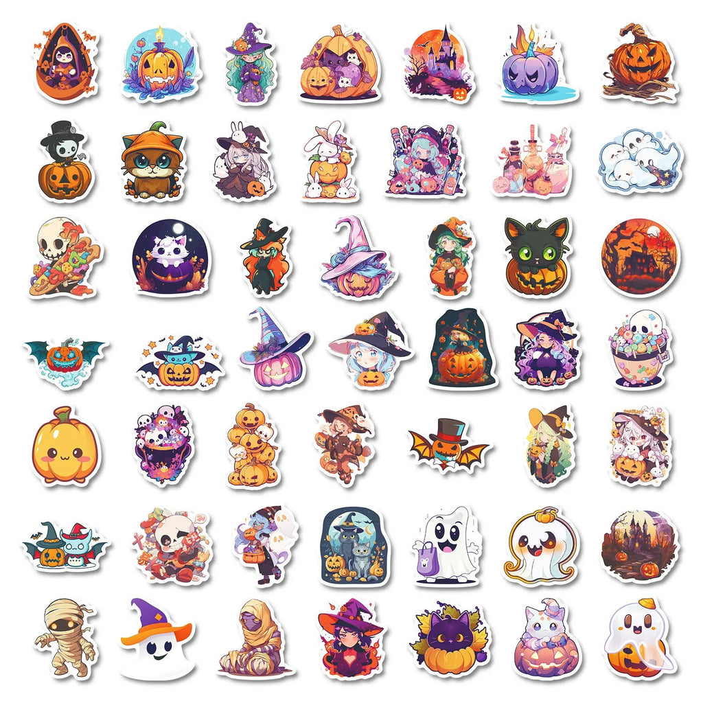 300 Halloween stickers with cartoon pumpkin, witch, and ghost graffiti designs on a white background