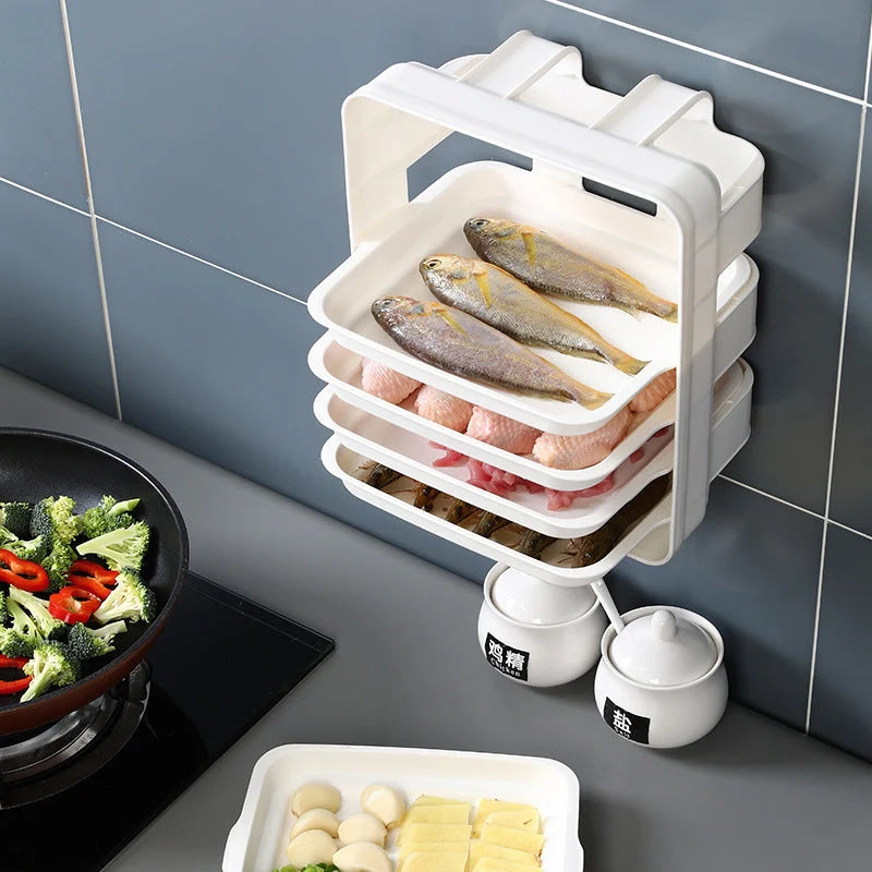Wall-mounted kitchen side tray with six layers for efficient storage in blue, white, and coffee colour options