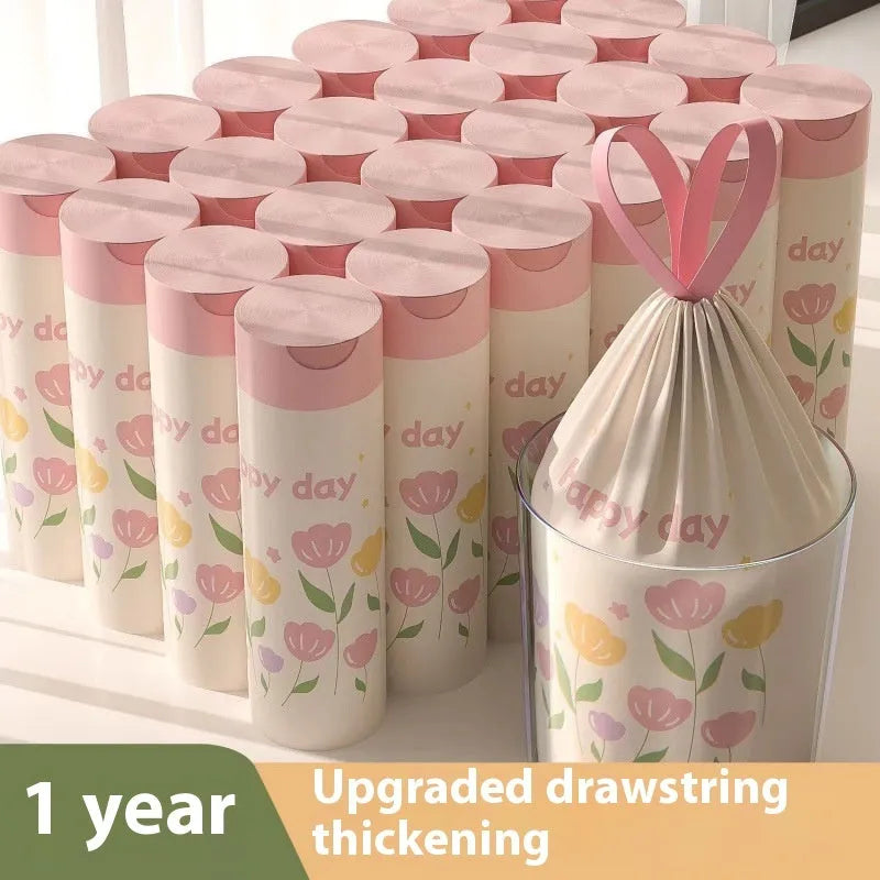 Pink degradable drawstring garbage bag with argy wormwood for mosquito repellence.