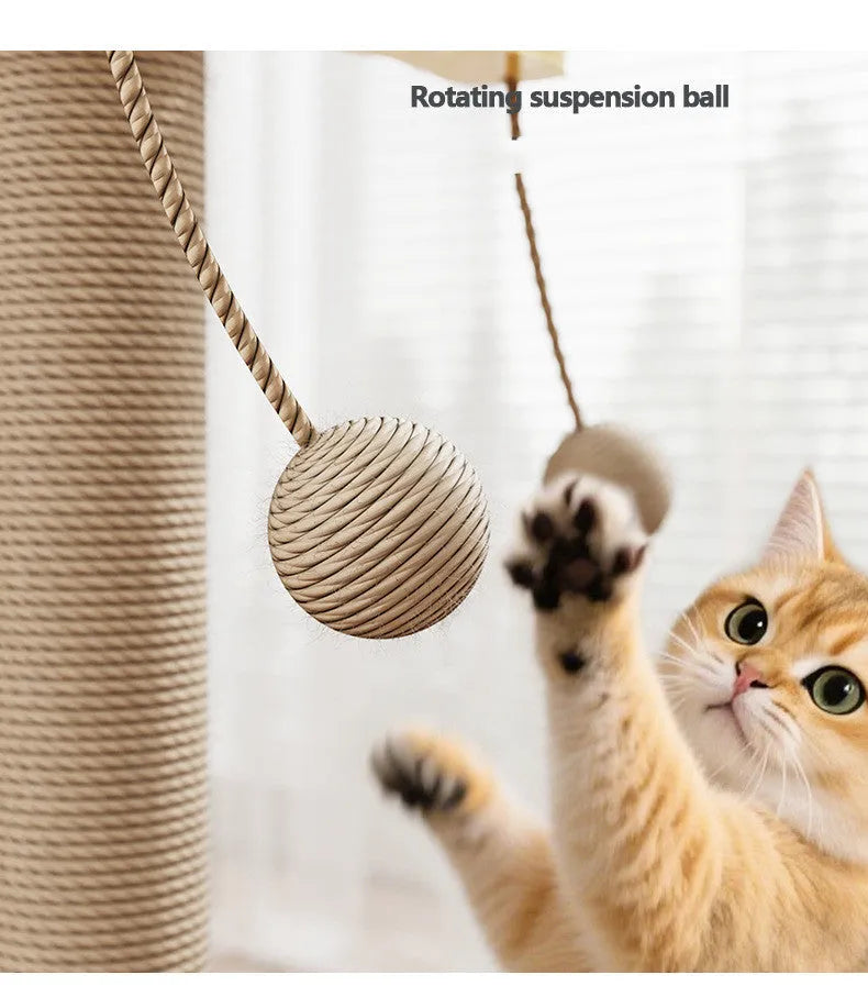 Windmill design cat climbing frame with a hanging scratch-resistant ball on a pine wood structure.