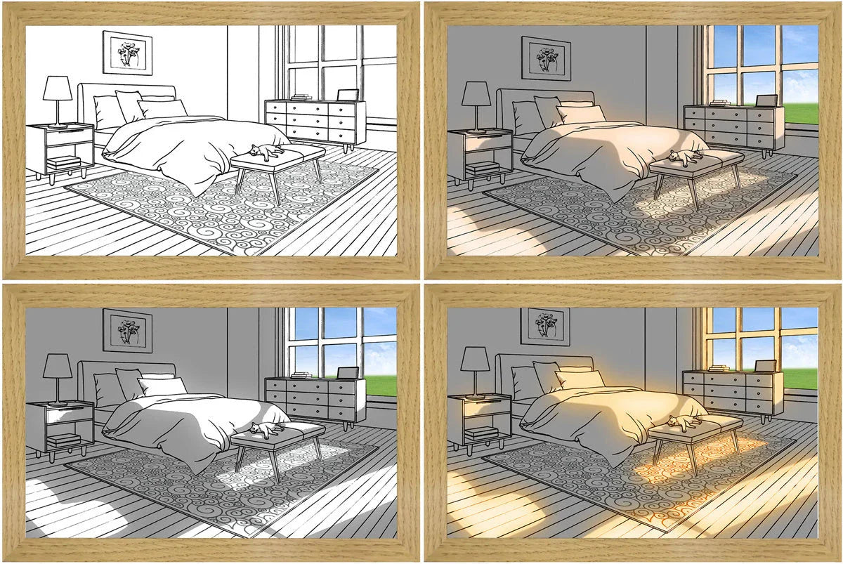 Customizable LED-illuminated picture frame with various scenic designs and lighting modes