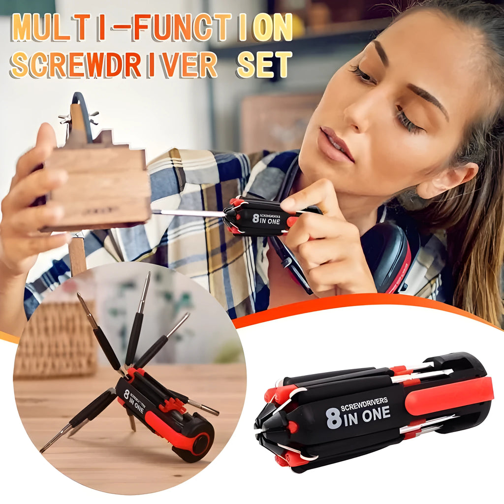8-in-1 screwdriver with LED flashlight, stainless steel body, magnetic heads, retractable 20cm length