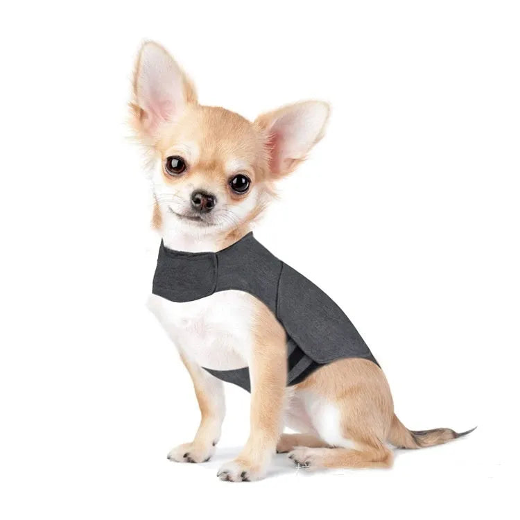Heather Grey brocade cotton dog anxiety vest shown on a model dog, featuring a simple one-piece design.