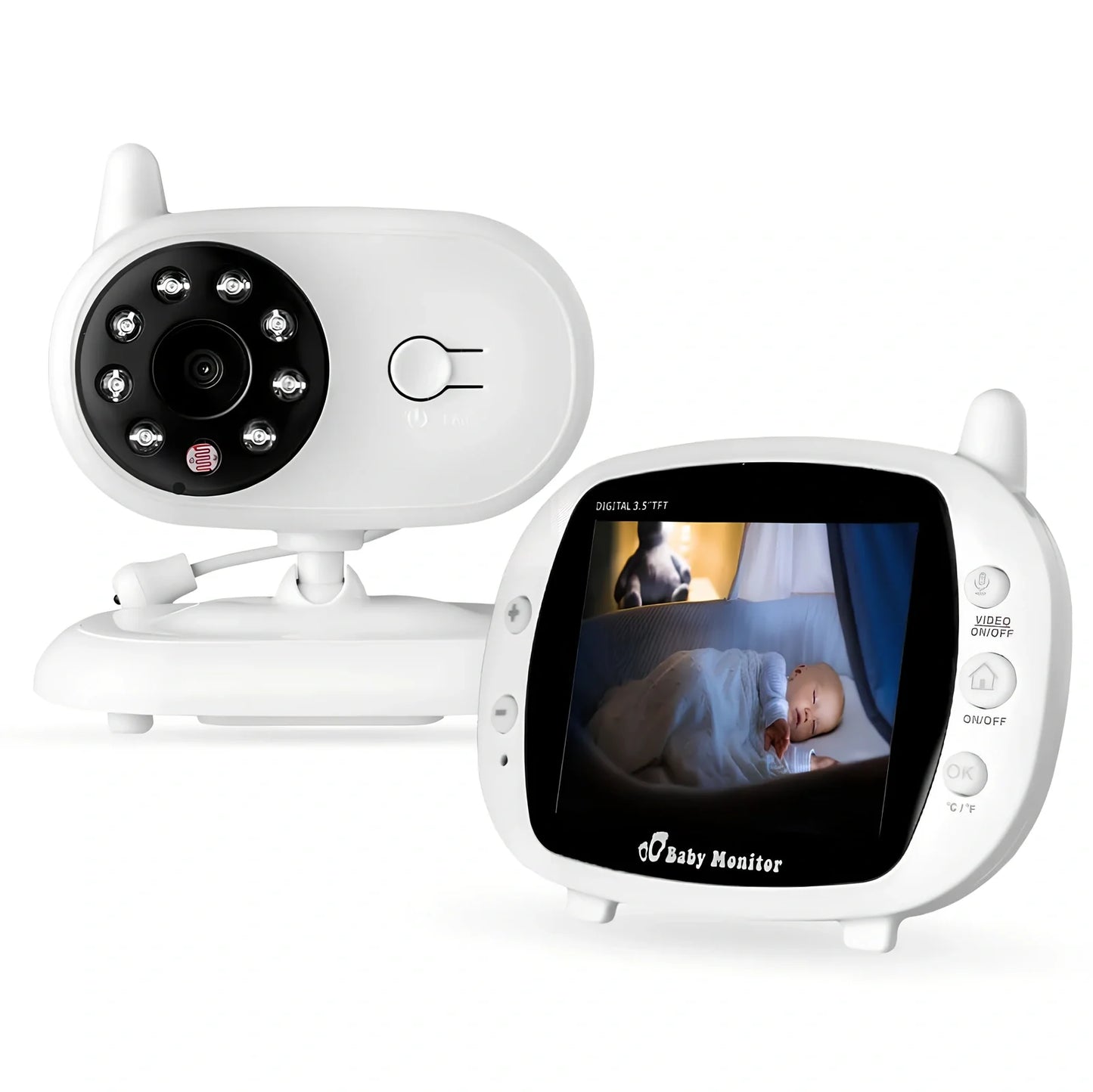 White 3.5 inch wireless baby monitor with night vision camera and temperature display