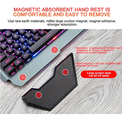 Black wired gaming keyboard with RGB backlight, 45.5 cm size, phone slot, and USB cable on desk