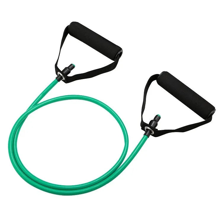 TPE tension rope chest expander showing five colour options: yellow, green, red, blue, and black representing different resistance levels