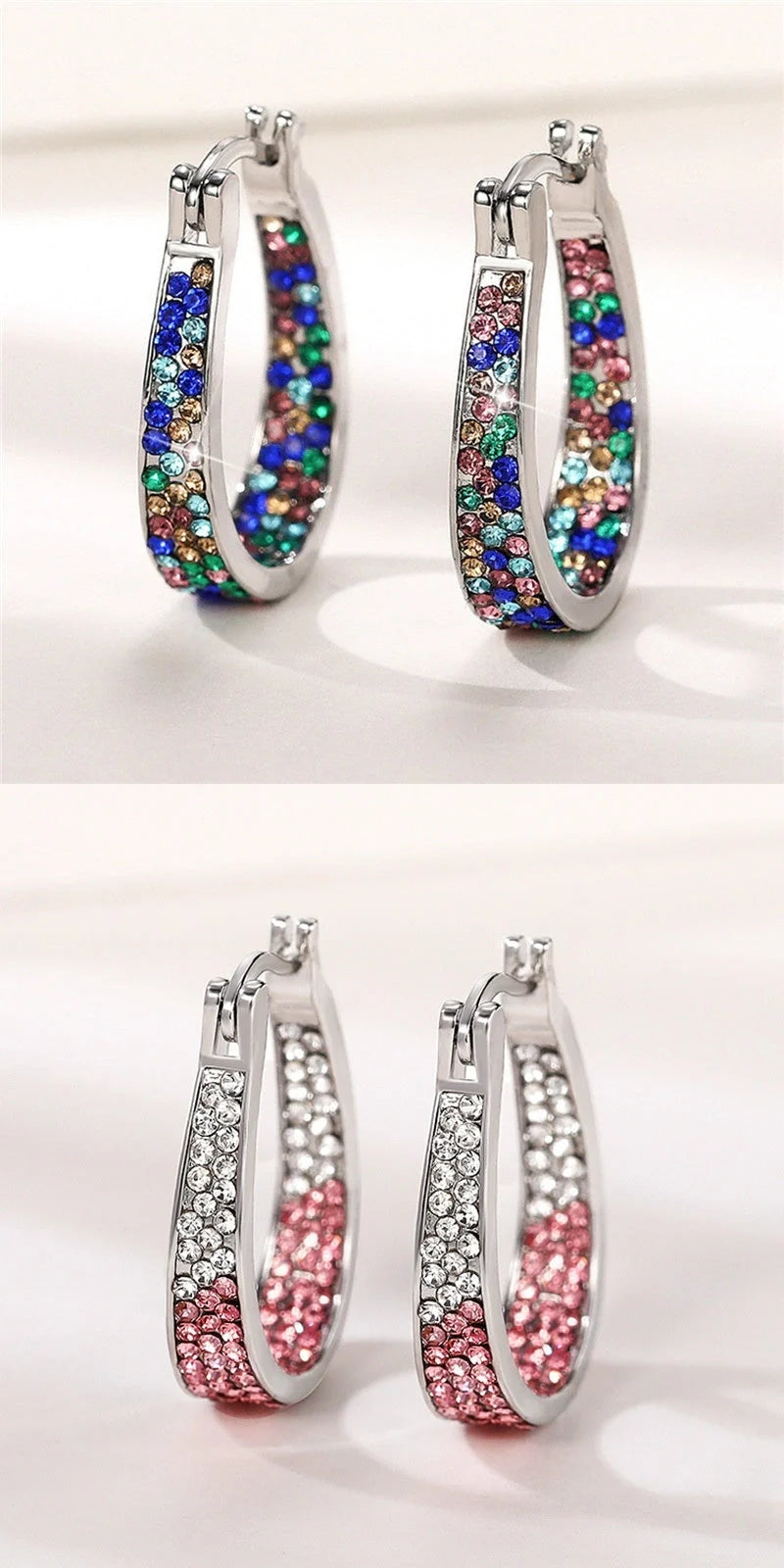 Colourful geometric diamond earrings for women in pink, purple, sky blue, and multicolour options