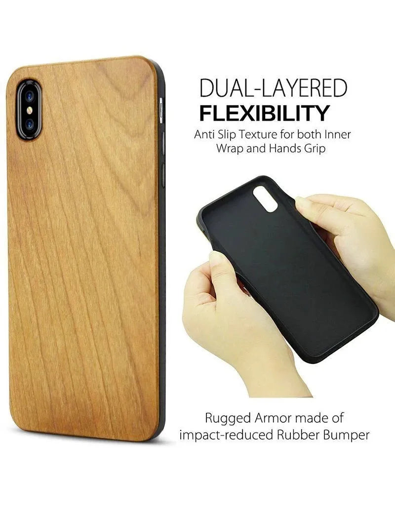 Wooden iPhone case with laser-carved floral design and black TPU bumper on a rosewood back.
