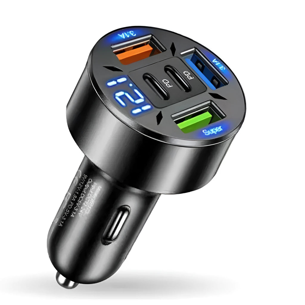 Black digital display car charger with 4 USB and PD ports, 66W fast charge, 63mm length