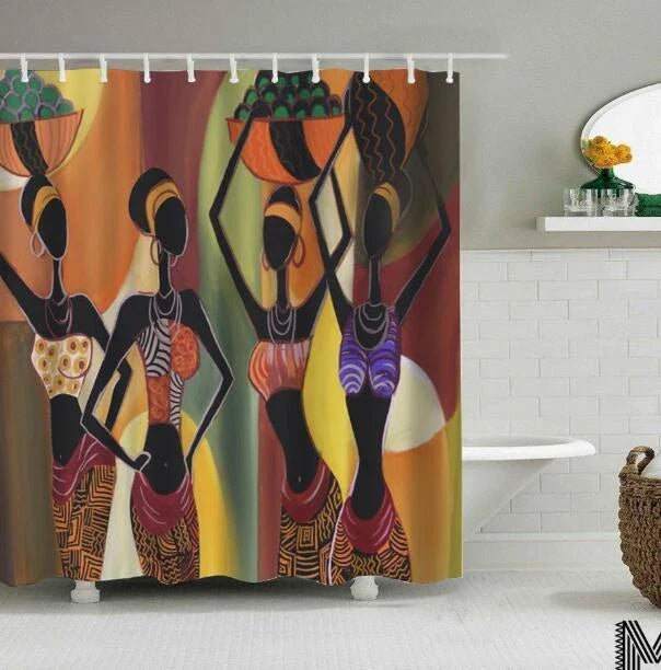 Colorful African girl portrait with graffiti art and modern buildings on a shower curtain