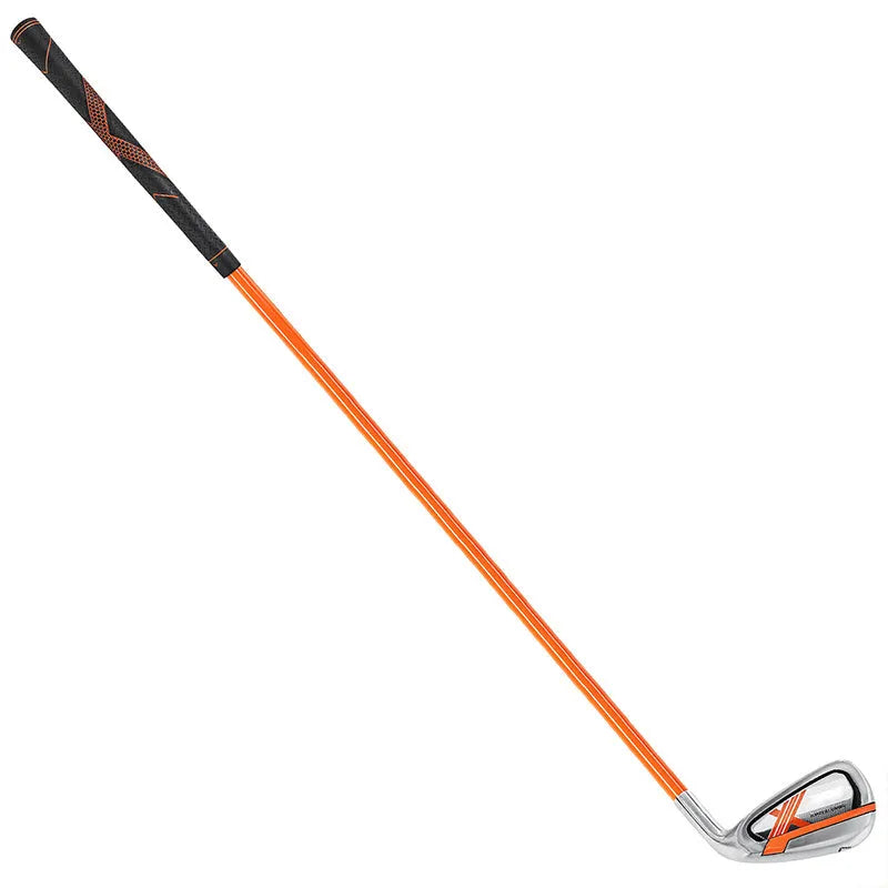 Golf iron swing trainer with orange soft iron club, compact size for home practice