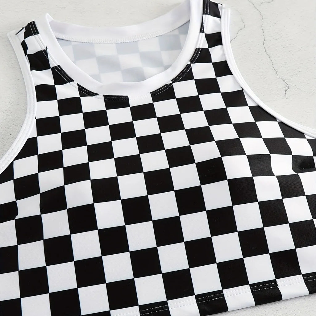Women's black and white chessboard plaid racing one-piece swimsuit with a suspender backless design.