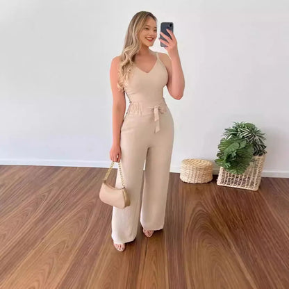 Women's elastic pleated two-piece suit with spaghetti straps and wide-leg pants in various colours