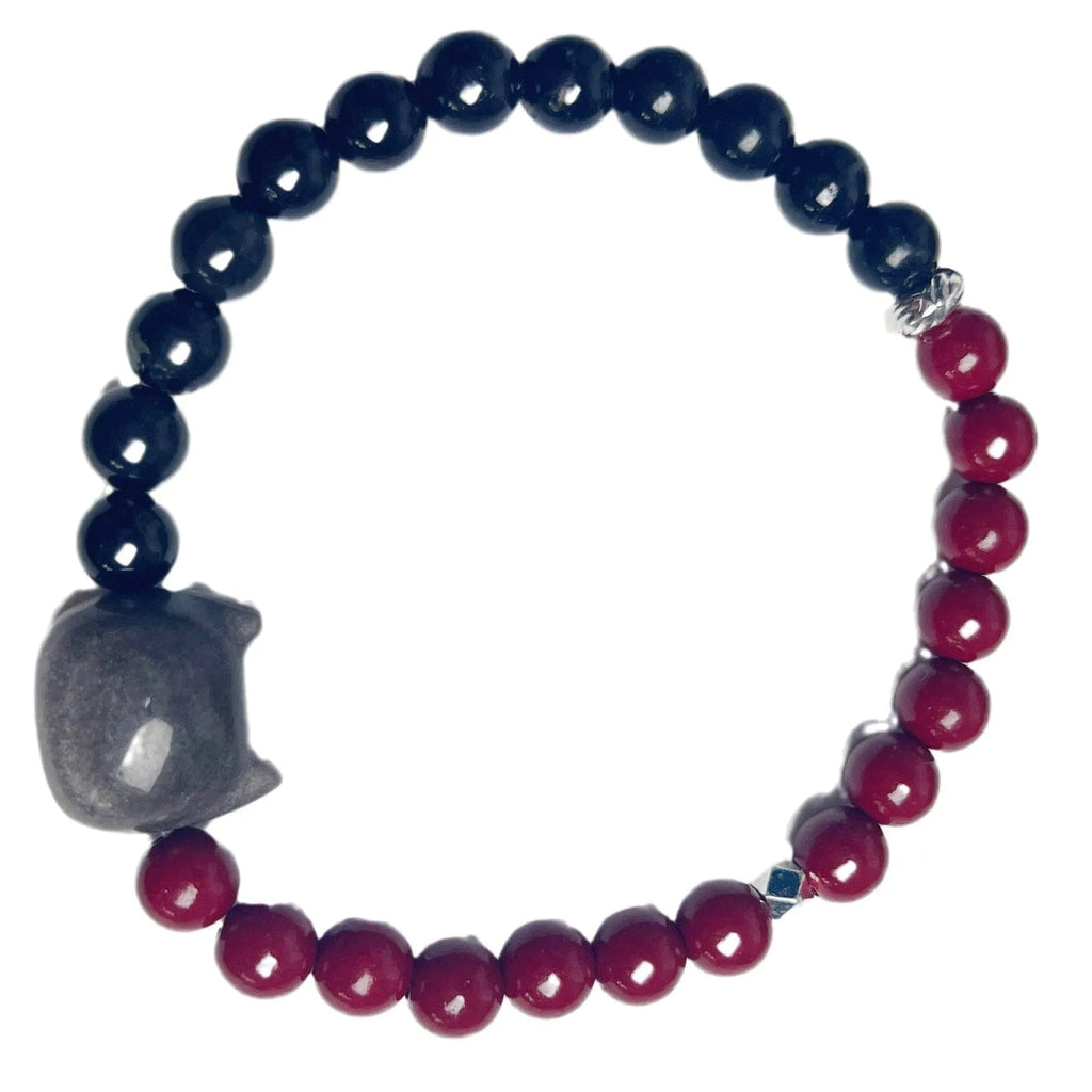 Handmade black obsidian bracelet with cat charm and colourful beads on elastic cord with adjustable ties.