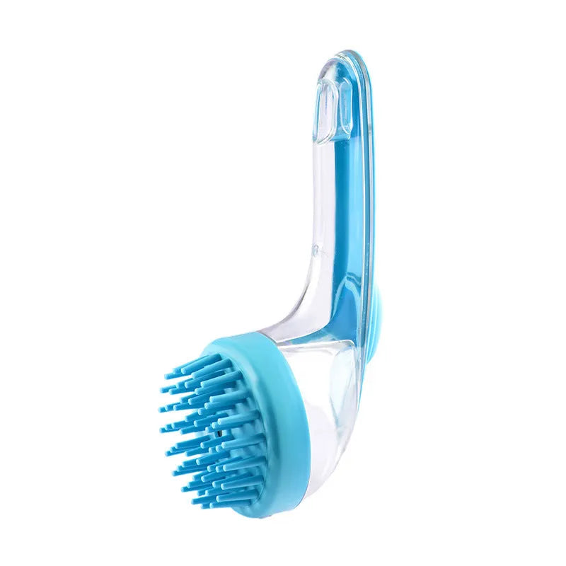 Long handle pet bath brush with shampoo container in yellow on white background