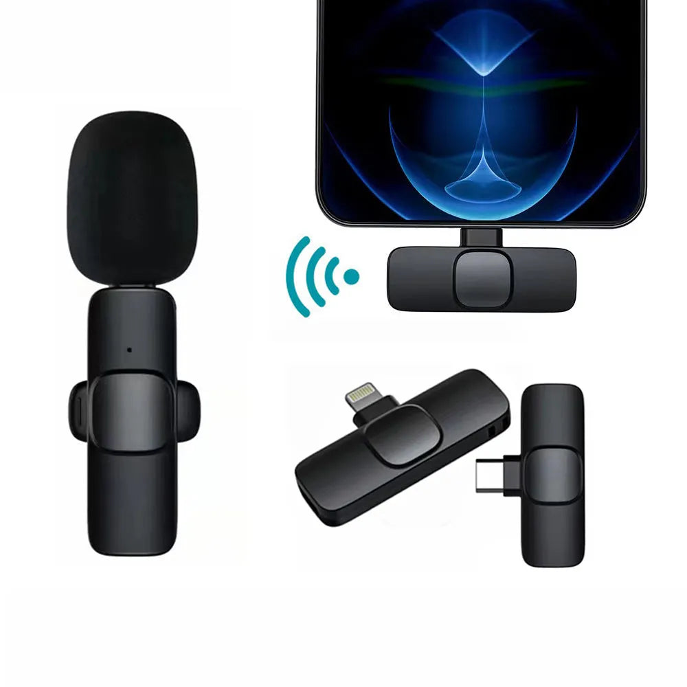 Wireless lavalier microphone with receiver, USB cable, and manual on white background