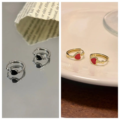 Black and red love heart earrings for women, alloy summer ear clips with geometric design