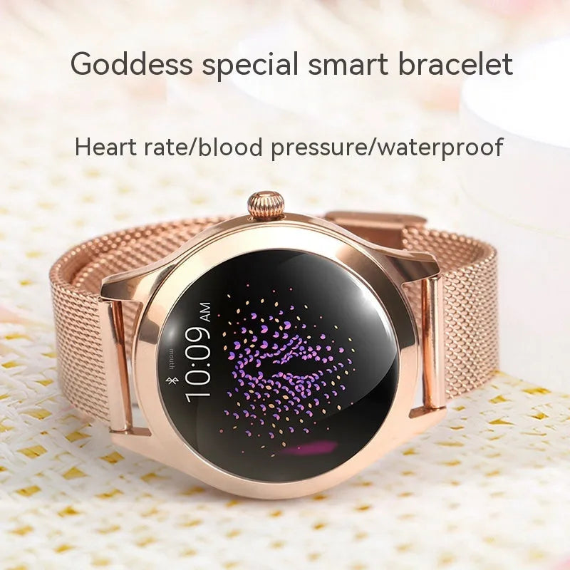Women's sports smartwatch with heart rate monitoring display showing black, rose gold, silver, and white colour options