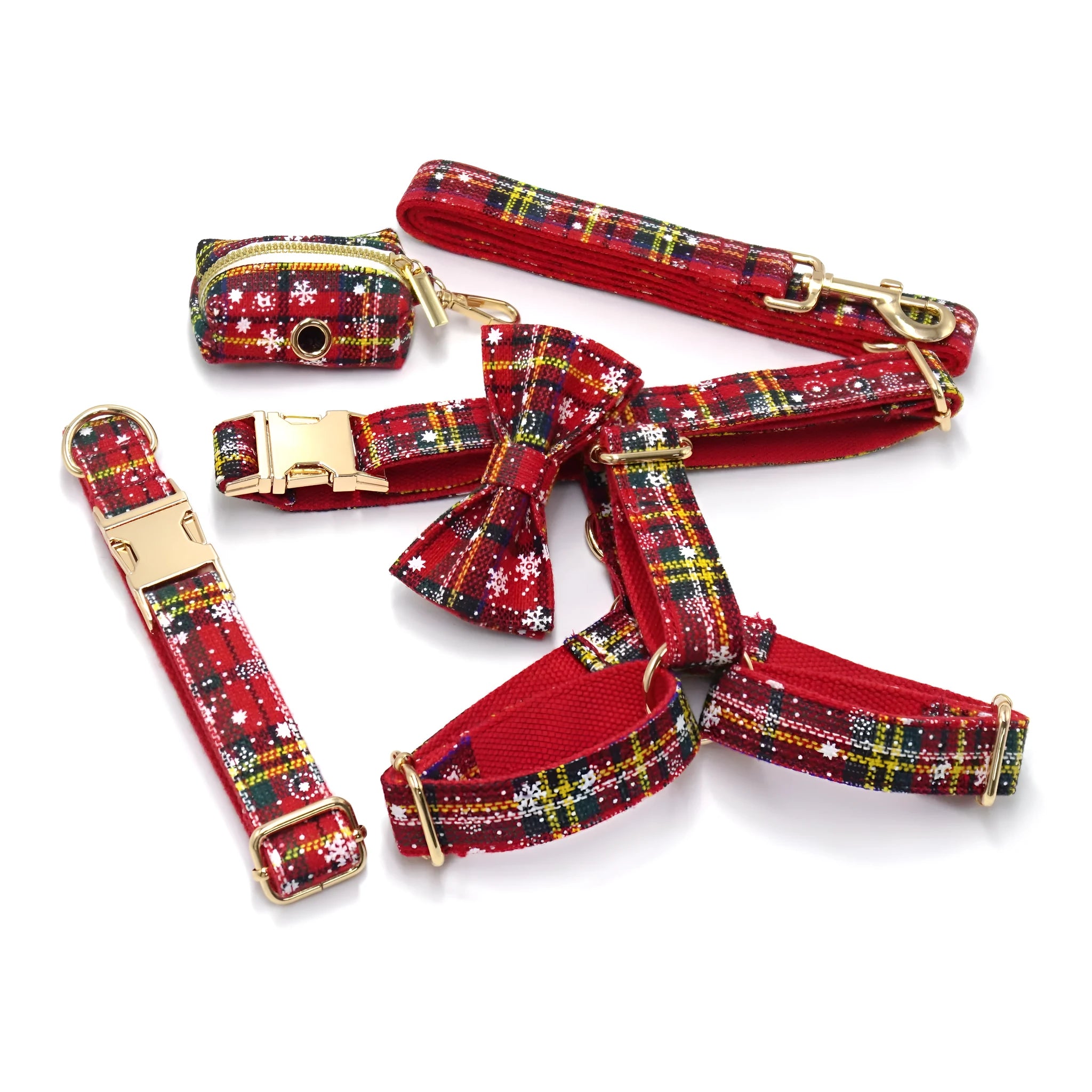 Red cloth Christmas dog collar and harness set with matching bow tie and waste bag holder on size tag