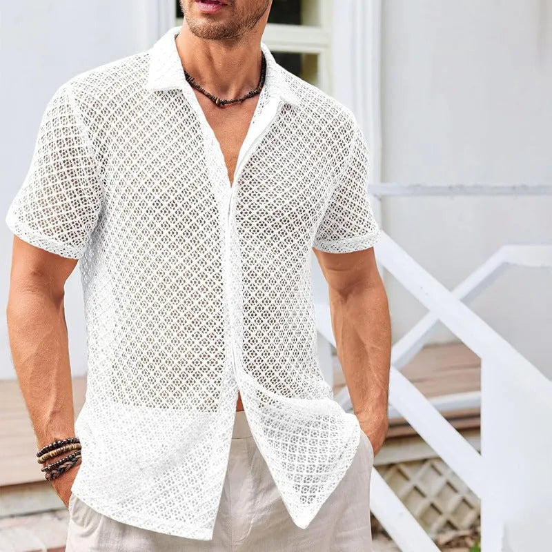 Man wearing a short sleeve lapel collar shirt in a solid light colour, suitable for casual summer wear.