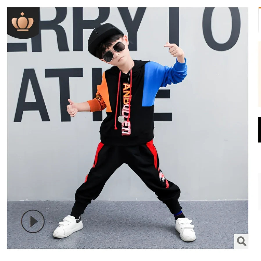 Boys' Korean-style two-piece spring suit in gules red or yellow, 95% cotton with long sleeves and fixed hood, sizes 110-180 yards for 100-170cm heights