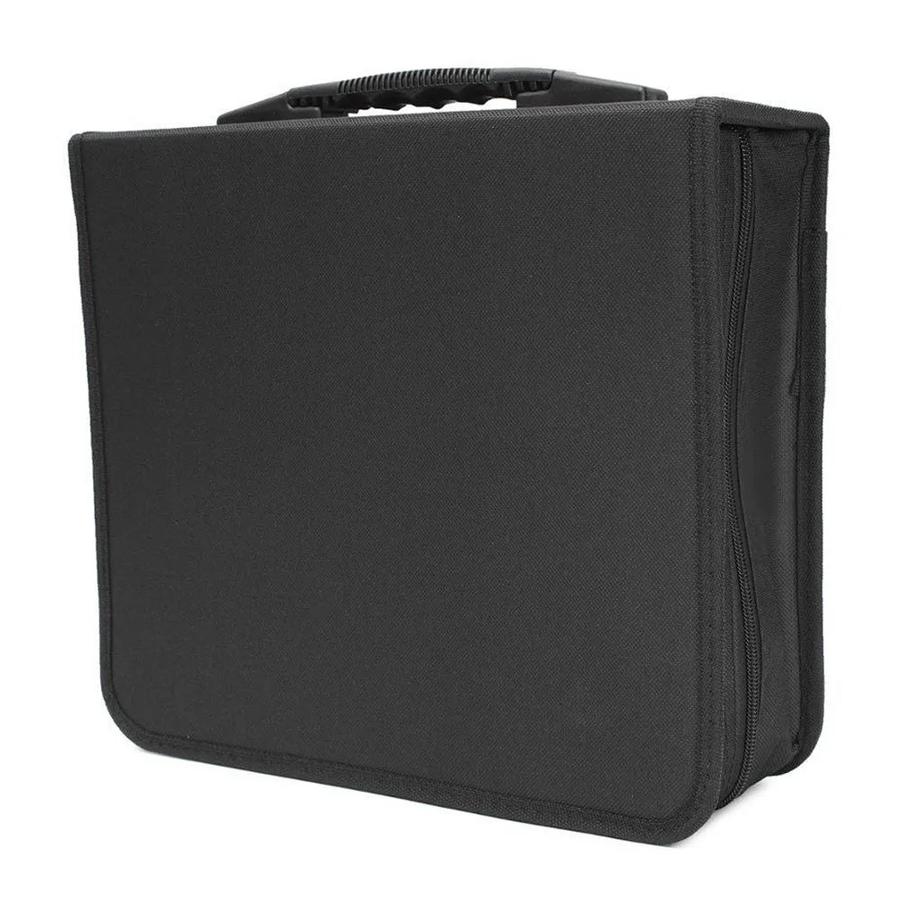 Black Oxford fabric CD storage binder with a zipper and top hand strap, open to show disc sleeves.