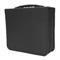 Black Oxford fabric CD storage binder with a zipper and top hand strap, open to show disc sleeves.