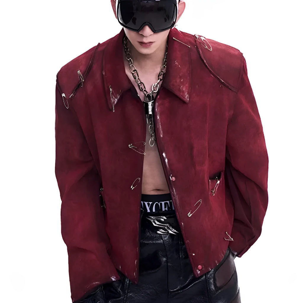 Men's red thick quilted jacket with fluffy flocking decorative pins and lapel collar
