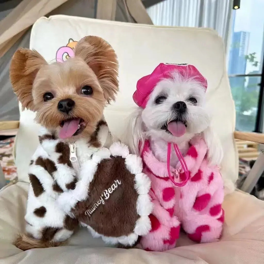 Small dog wearing pink plush winter coat for teddy, bichon or pomeranian breeds