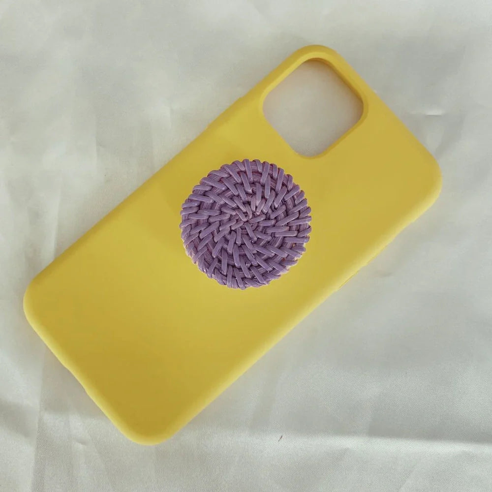 Bamboo woven telescopic phone stand extended to 25cm height holding smartphone