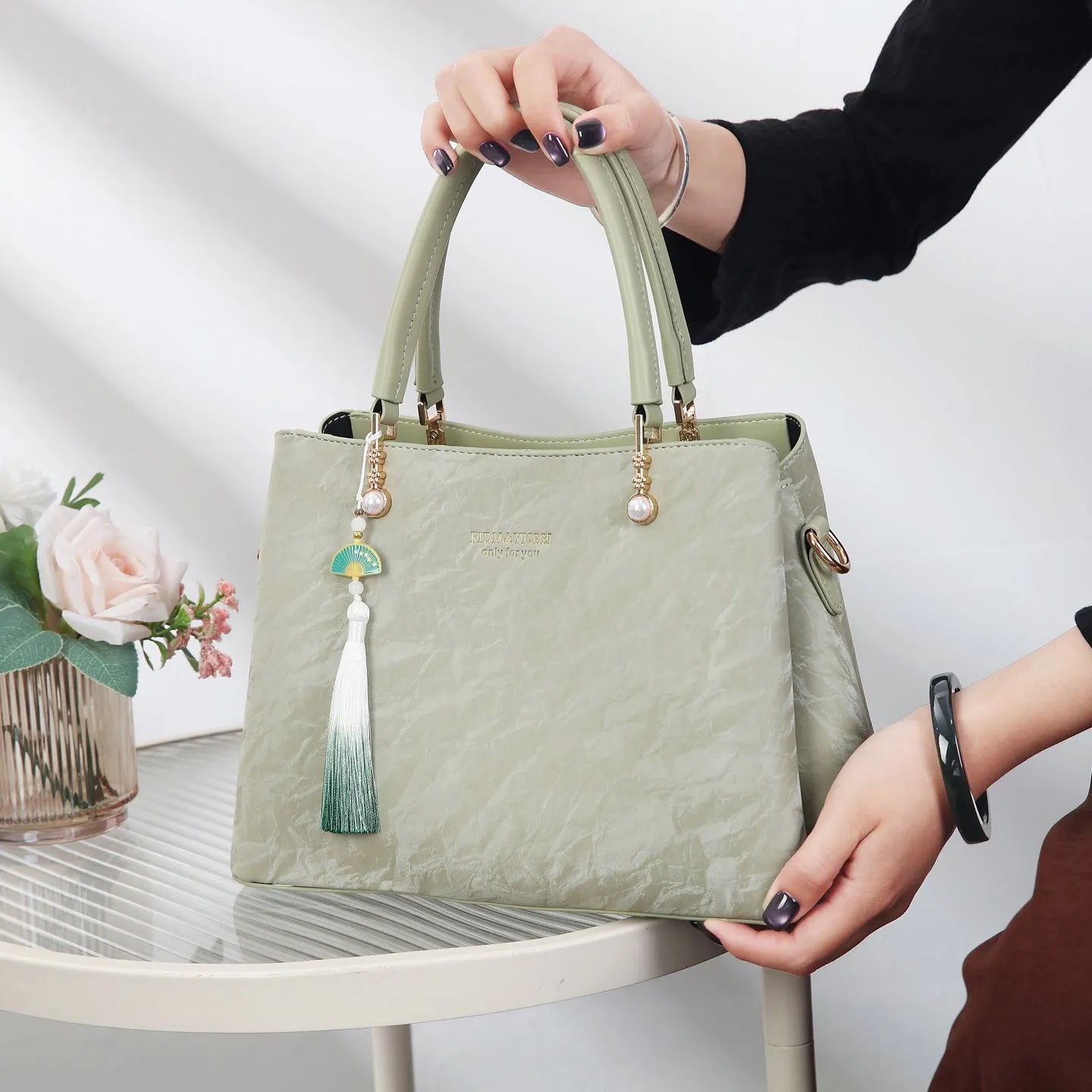 Women's PU leather shoulder bag with square shape and ethnic pattern in four colours