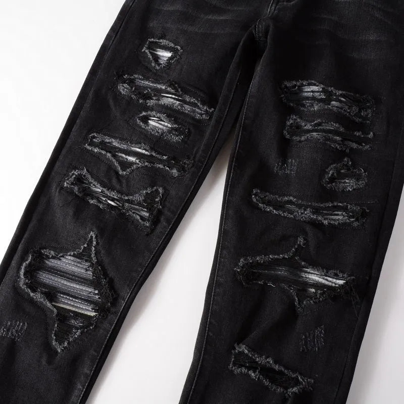 Slim fit black jeans for men, collated grey white dyed elastic denim, cotton 98% spandex 2%