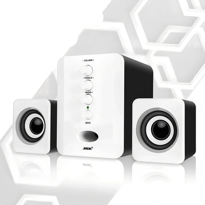 Black compact USB computer speakers set with main unit, two satellites, 1m cables, and 3.5mm port for 3W stereo audio
