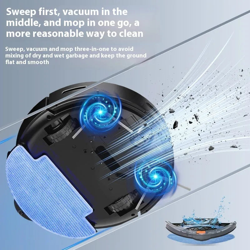 Black and white intelligent sweeping robot vacuum cleaner with remote control on a hardwood floor.