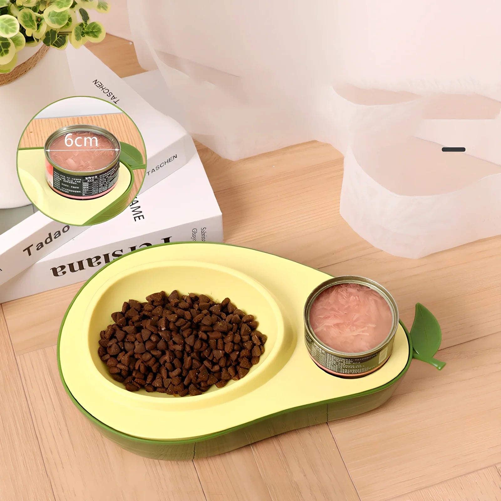 Avocado-shaped pet feeder with automatic water dispenser and separate food bowls in moonlight grey