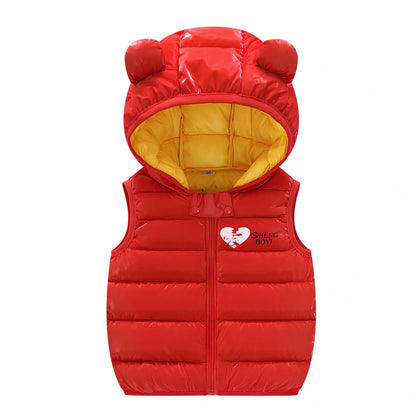 Children's blue hooded down vest, sleeveless with 70cm bust for 100cm height, polyester winter outerwear