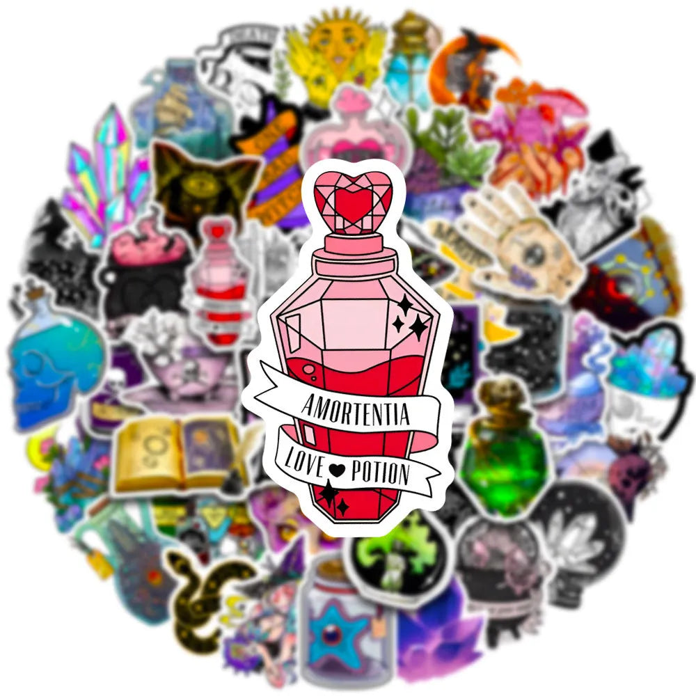 Set of 50 colourful waterproof PVC stickers for luggage and smooth surfaces, sizes 3 to 8 cm.