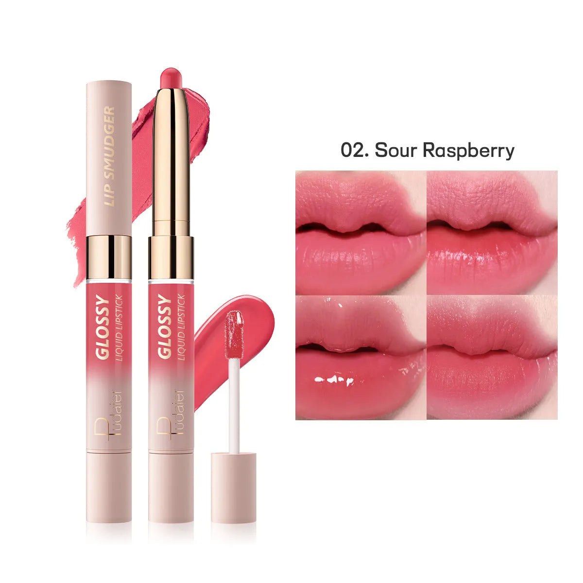 Double-ended lipstick and lip gloss set showing matte and glossy ends in one of ten available colour shades