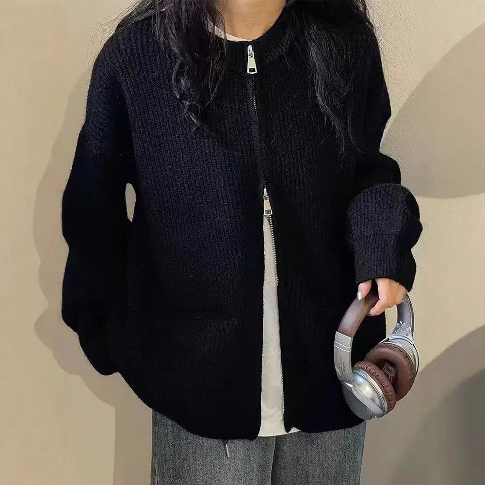 Beige viscose knit cardigan for women with long sleeves, shown open as a layer.
