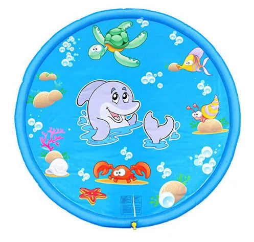 Blue PVC children's water spray play mat with marine animal graphics measuring 100cm by 170cm