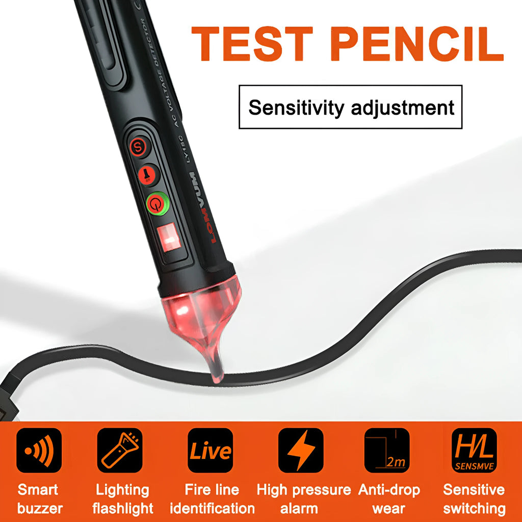 Black intelligent test pencil with sensor tip for voltage detection and automatic shut-off feature