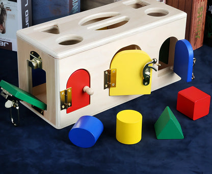 Wooden educational shape sorting box with 12 geometric pieces for preschool children