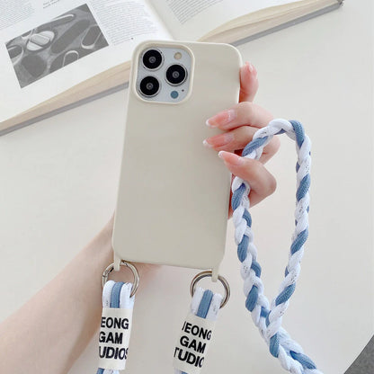 Woven fabric silicone phone case with cross-body lanyard in pink, purple, or antique white colours