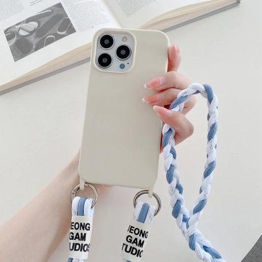 Woven fabric silicone phone case with cross-body lanyard in pink, purple, or antique white colours