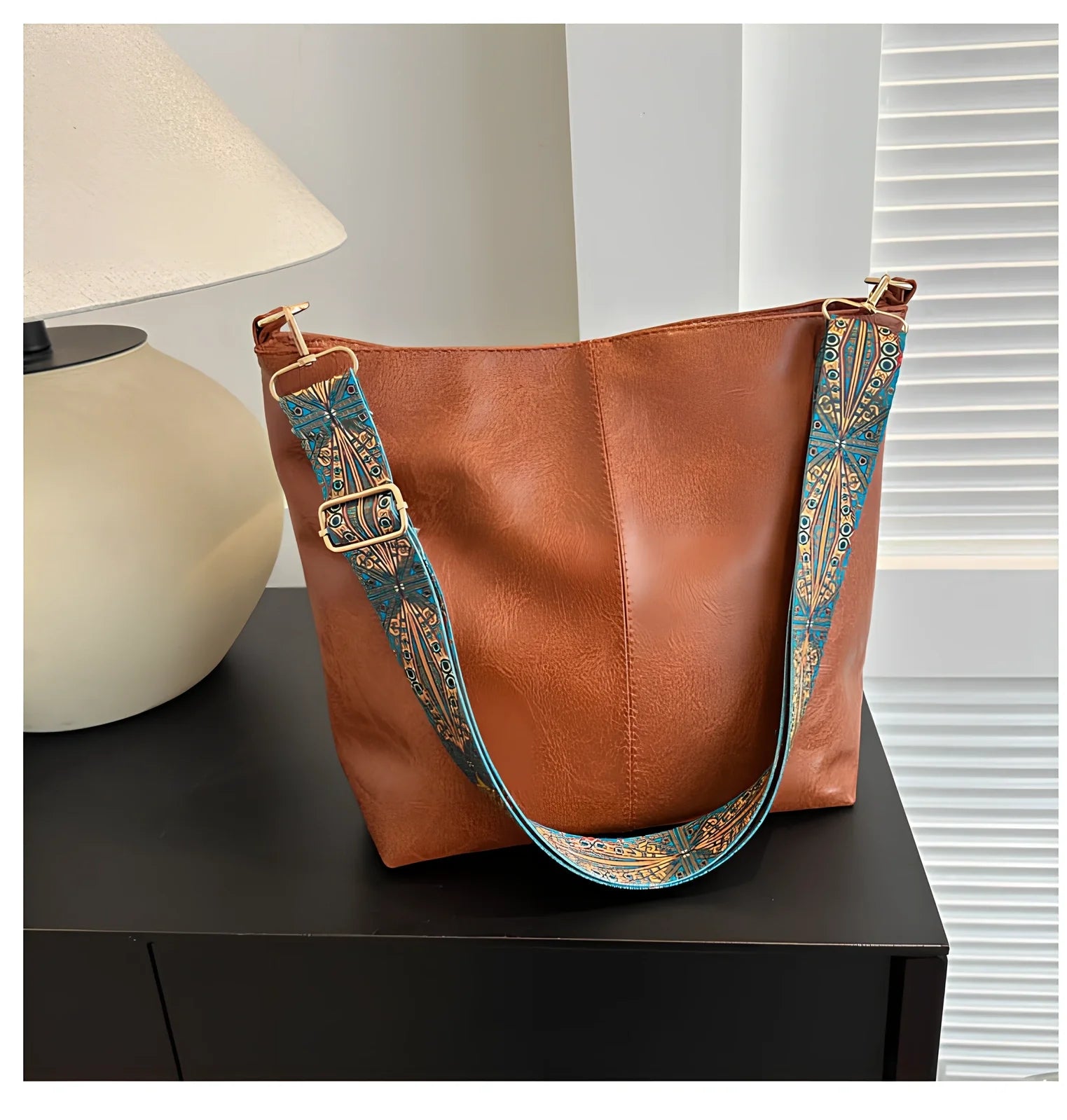 Women's army green PU bucket crossbody bag with wide ethnic strap, 30cm height, large capacity for phone and laptop