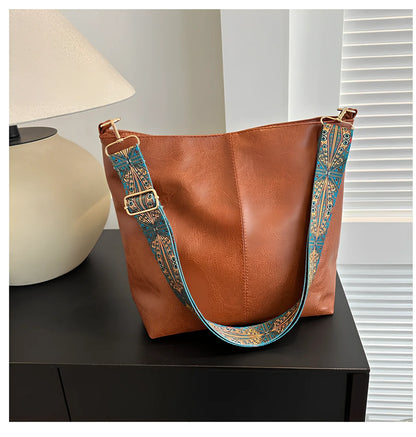 Women's army green PU bucket crossbody bag with wide ethnic strap, 30cm height, large capacity for phone and laptop