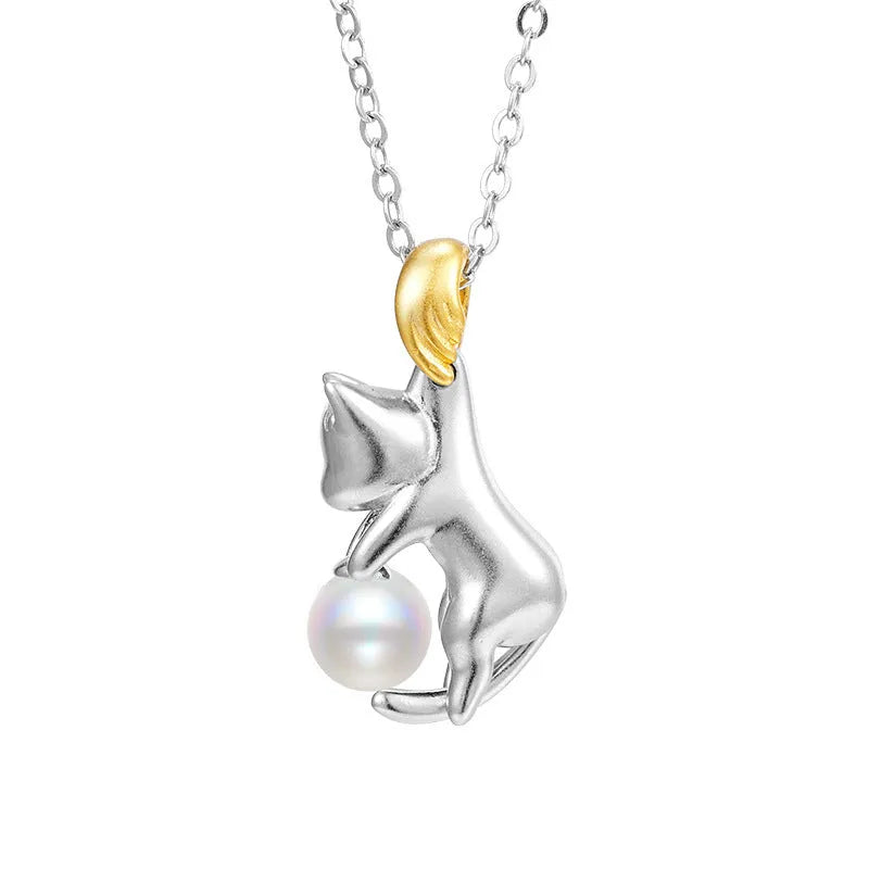 925 sterling silver cat pendant clavicle necklace with chain and pearl bead options