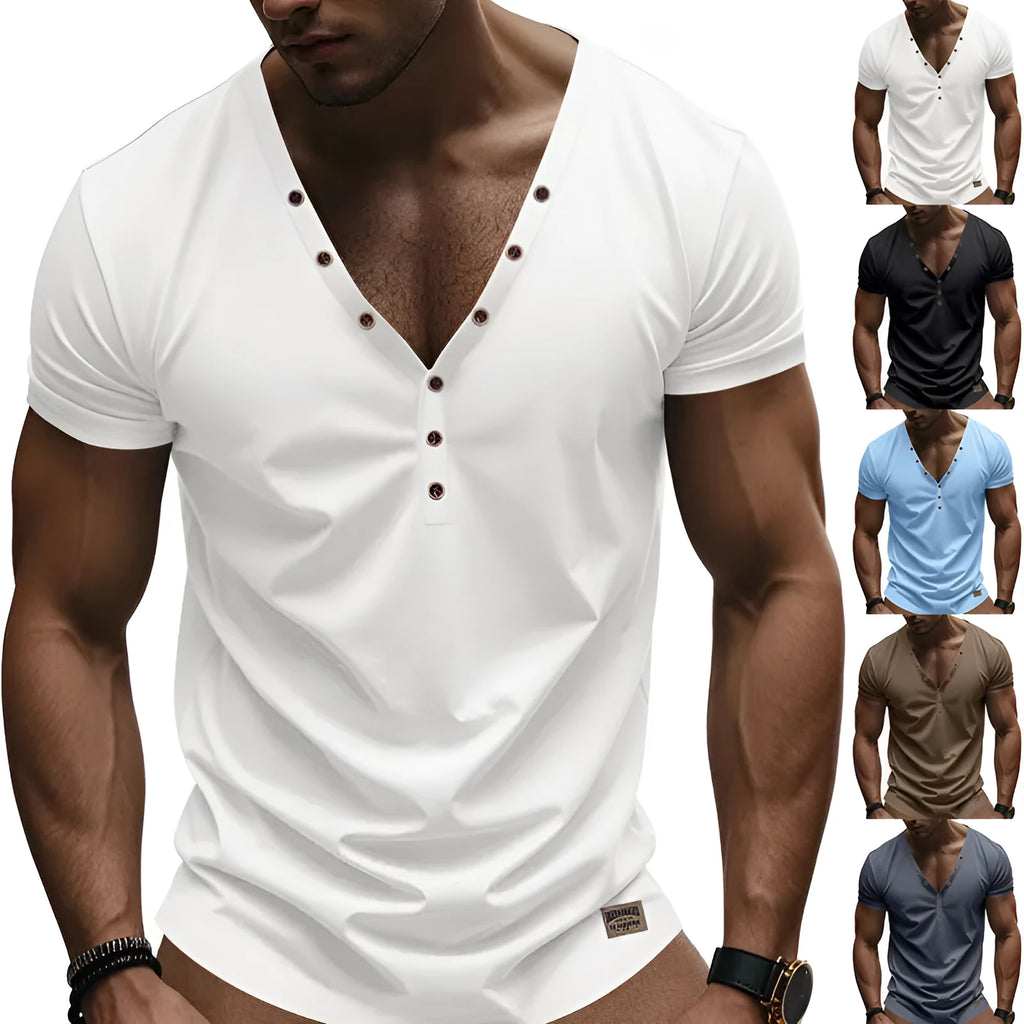 Men's loose thin V-neck button design sports top in chemical fibre blend fabric
