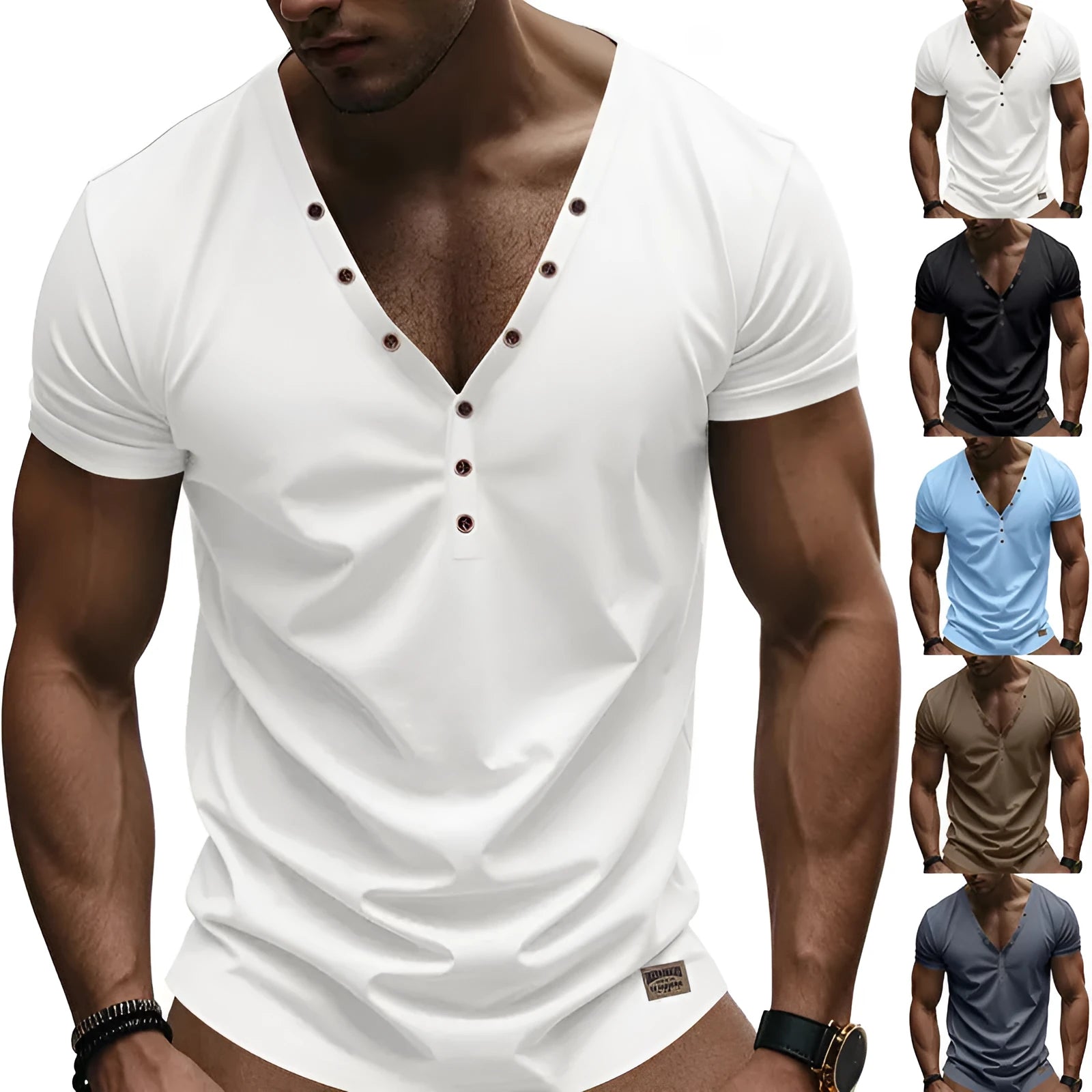 Men's loose thin V-neck button design sports top in chemical fibre blend fabric